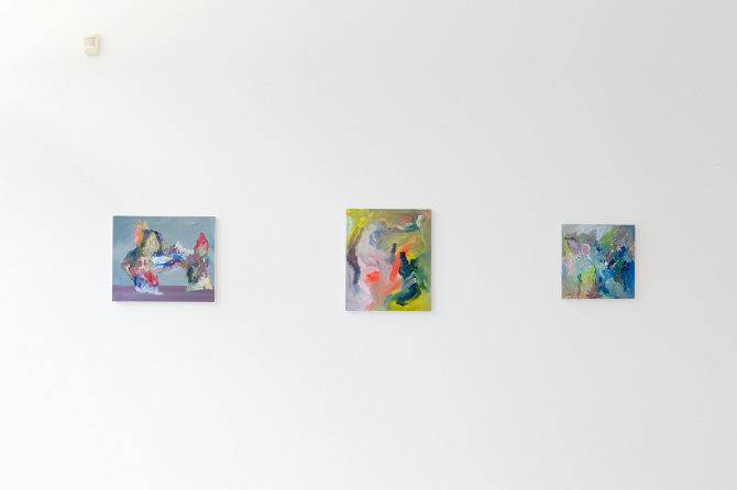 Aperçu de nains, 2016, Öl auf Leinwand, 46 x 65 cm; Ohne Titel, 2016, Öl auf Leinwand, 55 x 46 cm; Ohne Titel, 2016; Öl auf Leinwand, 40 x 40 cm; Ausstellungsansicht / vue de l'exposition Plattform17, 2017