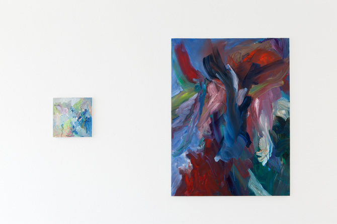 Ohne Titel, 2016; Öl auf Leinwand, 40 x 40 cm; Ohne Titel, 2016, Öl auf Leinwand, 160 x 120 cm, Ausstellungsansicht / vue de l'exposition Plattform17, 2017