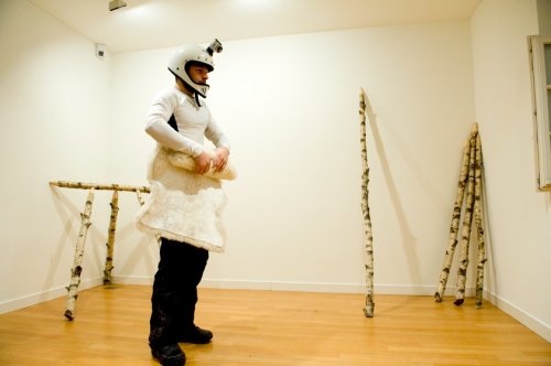 Sheep Ship Maneuver, Schaffell, zwei Objekte
aus Birken- und Buchensperrholz, Kunstraum Riehen, 2012