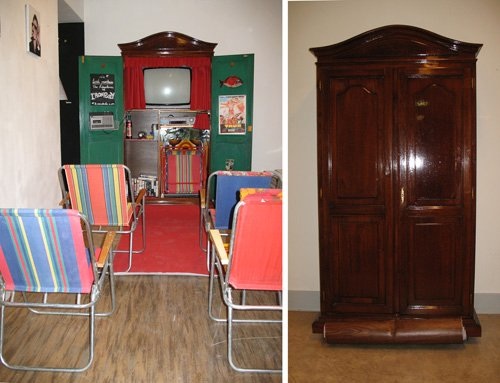 VHS club, Armoire, téléviseur, magnétoscope, magnétophone, cassettes,
chaises pliantes, programmation, 2008