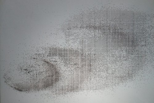 Moment cinétique, Zusammenarbeit mit Nina Langensand, Performance,
Installation (Polyesterfaden, Baumwollfaden, Nägel, Reisnägel, Agraffen,
Wii-Controller, Projektion), 2010