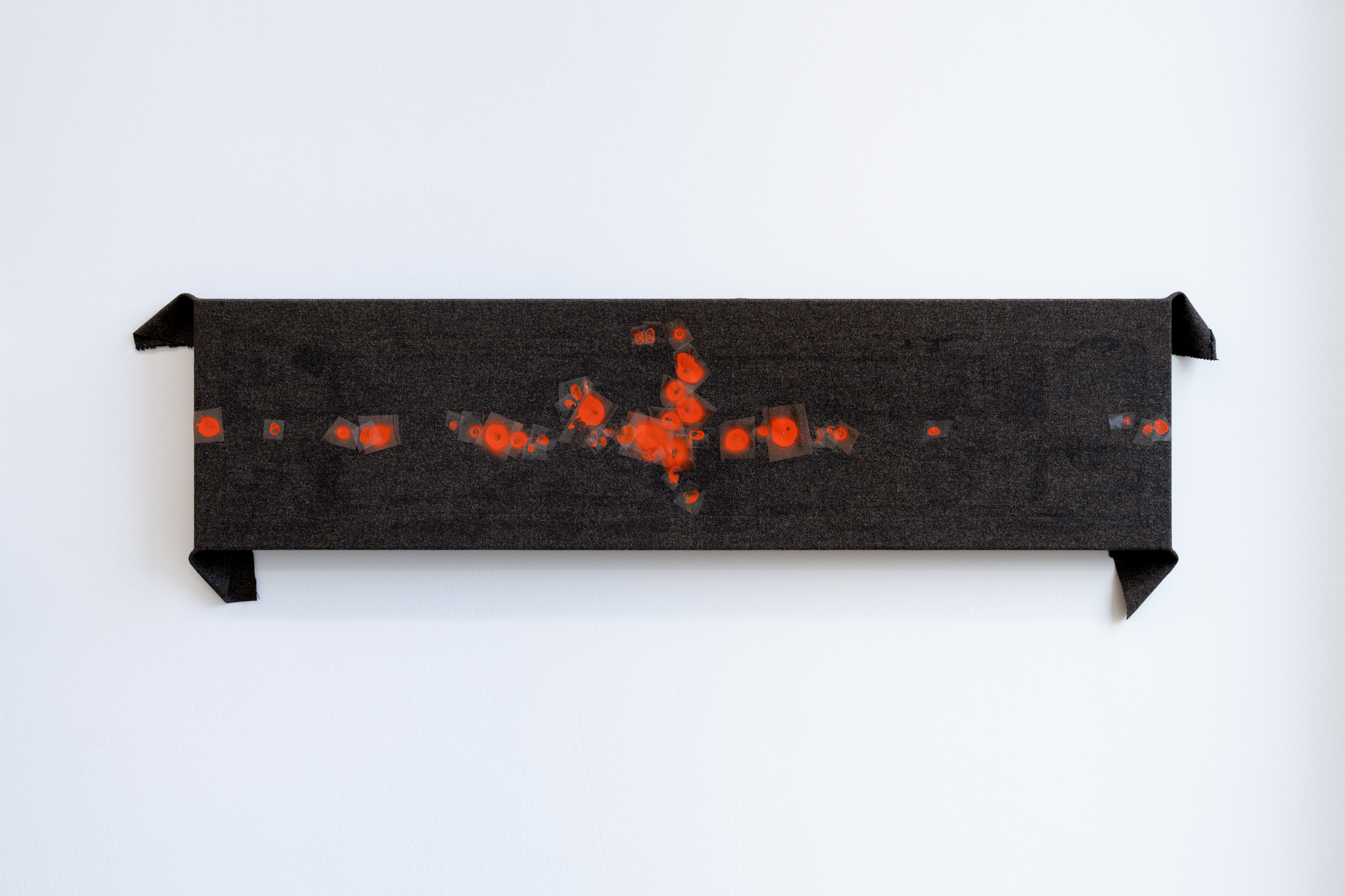 Isabelle Morton, *10 pm* (working title), 2025/2026. Wood, cotton, staples, spray paint on plastic foil, tape, nails, 50 × 176 × 6 cm. Photo: Finn Curry.