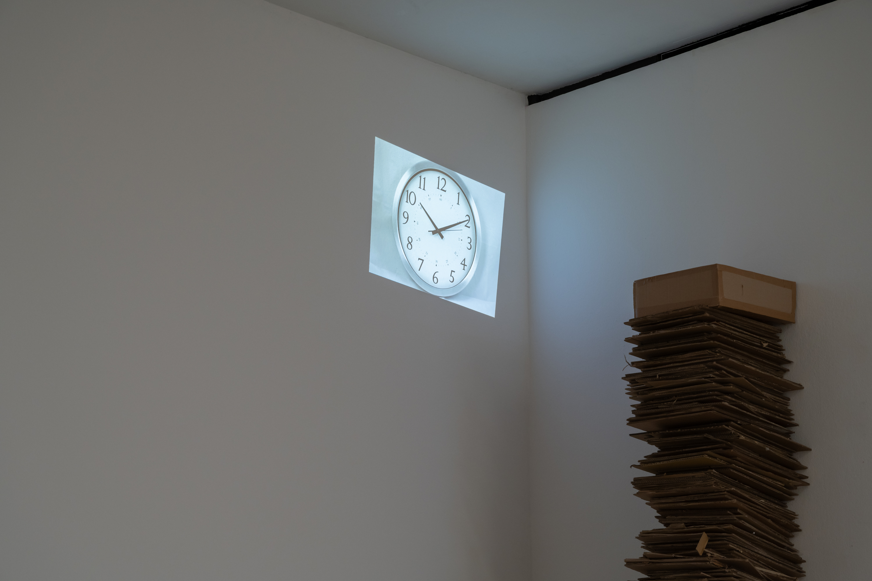 Nearest Pond, *Where did all the blue skies go?*, 2026. Cardboard, steel, HD video, loop, 2'33", 320 × 50 × 80 cm. Photo: Finn Curry.