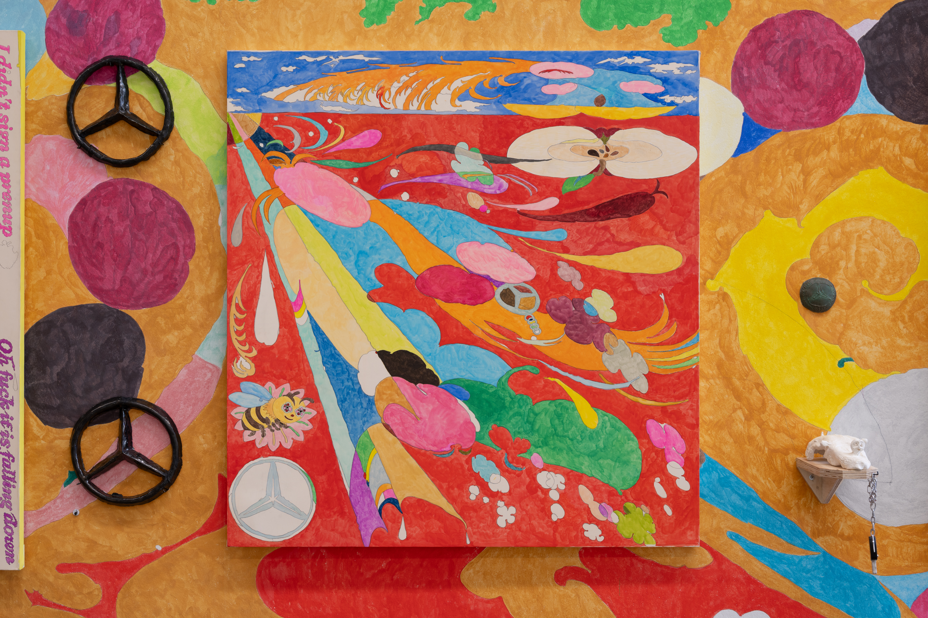 Rondi Park, *It was an ordinary summer day by the river. The sun was dropping, everything turned blue. Light stretched itself thin. My hand felt empty. I was looking at the car key dragging itself down to the water, to the river. ‘I’d rather die than lose my friend’s Mercedes Benz car key. I’d rather die than give up the current life given to me.’*, 2025. Gouache on canvas, 120 × 125 cm. Photo: Finn Curry.